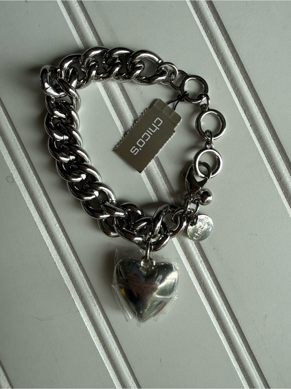 CHICO'S Thick Chunky Silver Tone Heart Charm Bracelet Heavy Solid HEART NWT